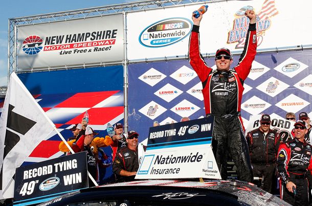 Kyle Busch, driver of the No. 18 Z-Line Designs Toyota, celebrates in Victory Lane after winning the NASCAR Nationwide Series New England 200 at New Hampshire Motor Speedway on July 16 in Loudon, N.H. Busch's win at New Hampshire was his 49th Nationwide Series win and also his 100th win in NASCAR. Credit: Geoff Burke/Getty Images for NASCAR